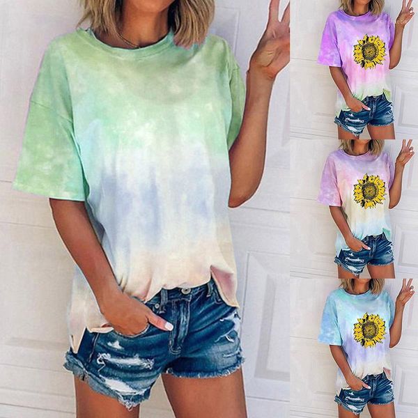 

yoga outfits summer 2021 women's tie-dye drawing short sleeve t-shirt o-neck gradient streetwear plus size s-5xl1, White;red