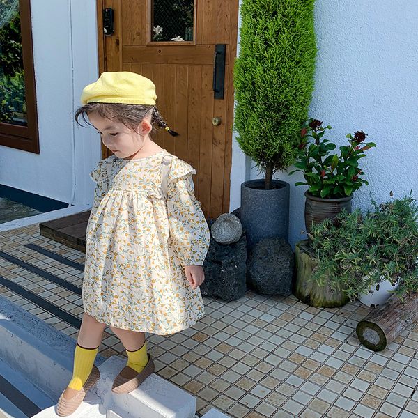 

spring autumn cute girls cotton floral falbala dress pastoral style kids long sleeve cute dresses t200624, Red;yellow