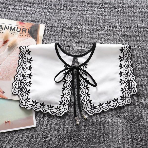 

women girls floral embroidery fake false collar for shirt blouse shawl wrap removable detachable collar bowtie nep kraagie1, Black;gray