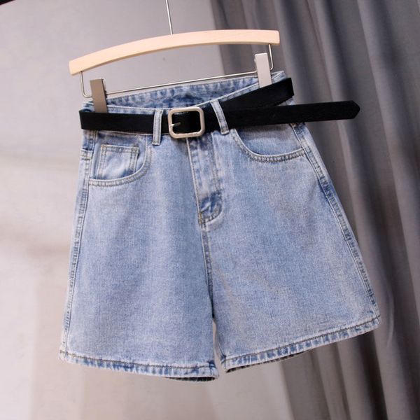 

2021 new vintage female high-waisted blue denim shorts with a solid summer belt j6ze, White;black