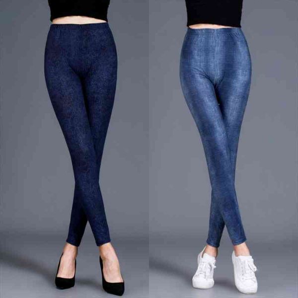 

lady sporting thin high waist fitness legging women summer elastic faux denim jean female push up legging, Black
