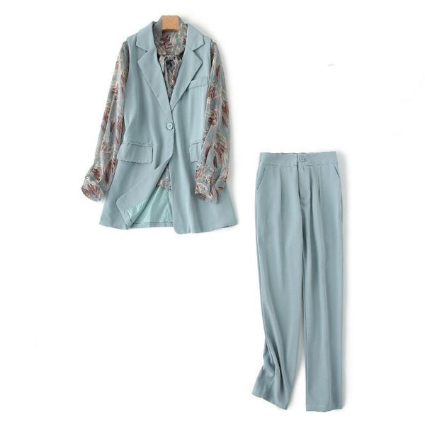 

new women blazer three piece sets turn down blazer vest coat print blouse straight leg pants suit female fashion set p153, White