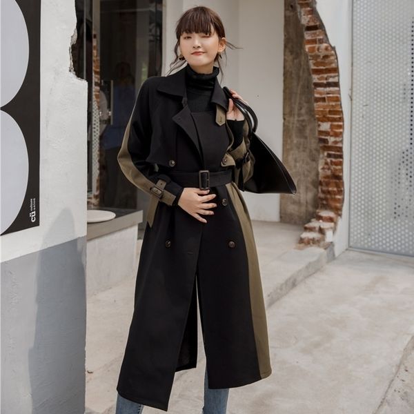 

lanmrem 2020 mid-length windbreaker female autumn female new korean version double-breasted slim thick coat 19b-a373 201124, Tan;black