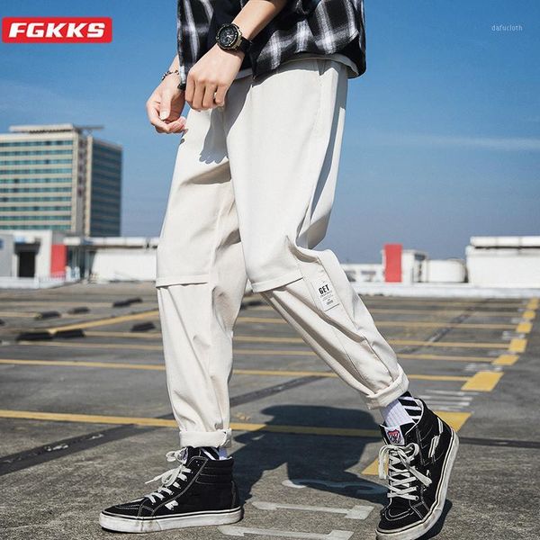 

fgkks brand men pants trend wild men's print drawstring simple youth trousers fashion japanese style comfortable pants male1, Black