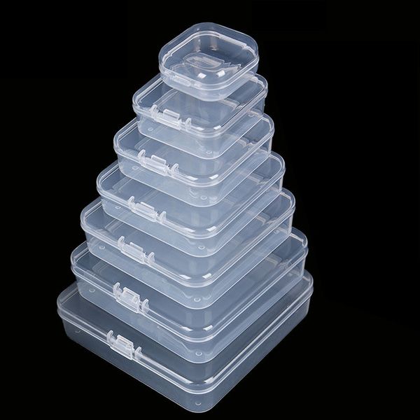 Quadratische leere Mini-Aufbewahrungsbehälter aus durchsichtigem Kunststoff in verschiedenen Größen mit Deckel für kleine Gegenstände und andere Bastelprojekte