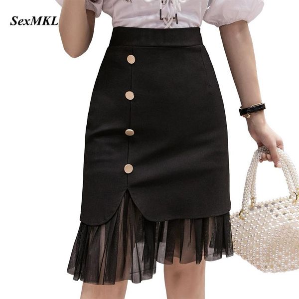 

women bodycon black skirts 2021 korean fashion clothing elegant high waist mujer faldas button zipper office midi skirt
