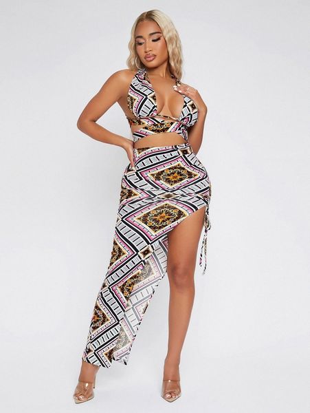 

sxy patchwork print halter & drawstring split thigh skirt set 16nq#, White