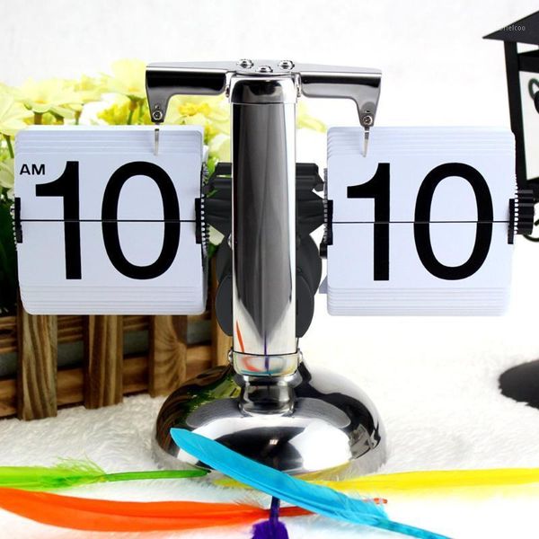 

retro table clock small scale clock flip over home decoration stainless steel internal flip gear operated quartz clocks1