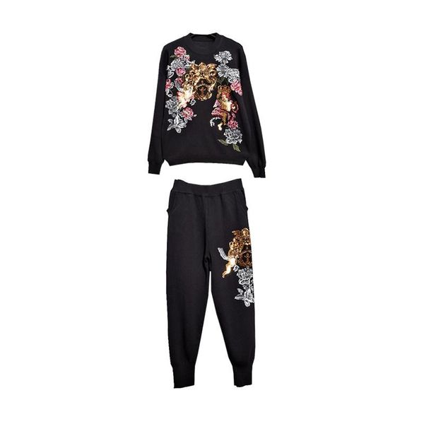 

yuzacdwx autumn 2 piece set women embroidery long sleeve knitted sweater+casual pants two piece set winter, Gray