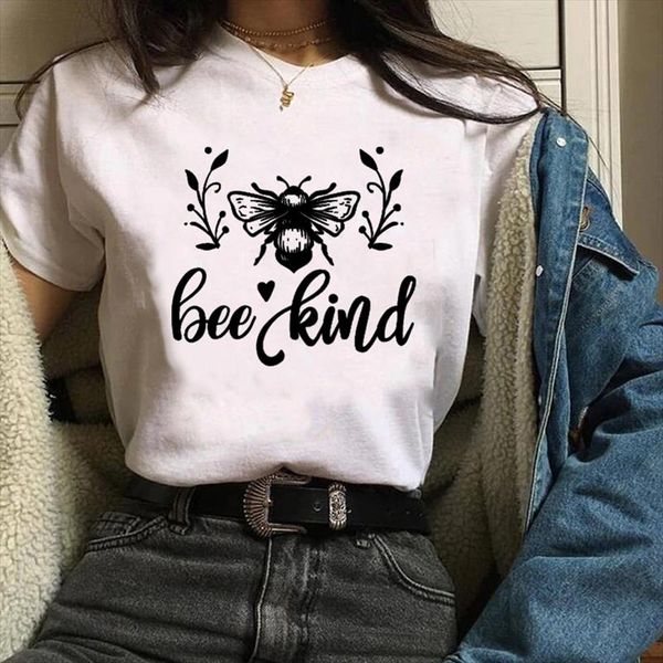 

женщины графическая пчела добрый с коротким рукавом повседневная тенденция милые 90-х годов женская печатная одежда леди тройник топы женска, White