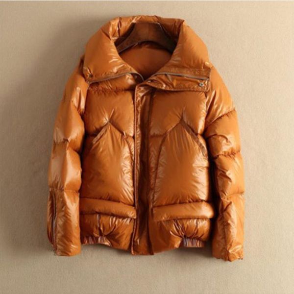 

new women parkas 2020 short glossy down cotton jacket coats zipper padded waterproof parka pocket stand collar shiny coat, Black