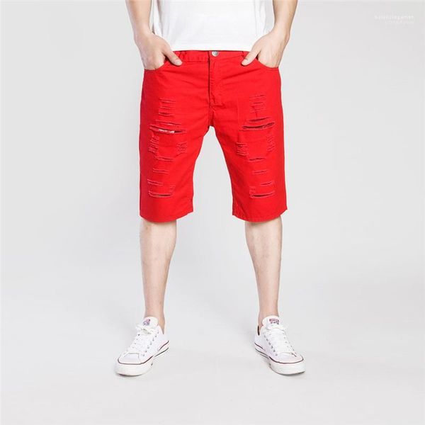 

solid ripped knee length fashion male straight pants casual boys trousers summer mens distrressed short jeans hole, Blue