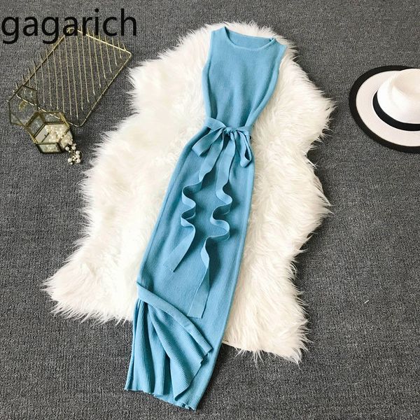 

gagarich 2020 bodycon dress women fashion solid stretch o-neck sleeveless belt long knitted elegant dress vestidos y200418, Black;gray