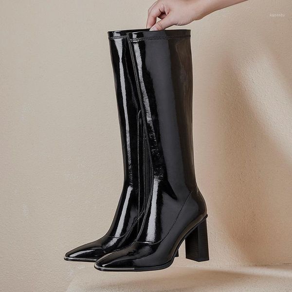 

boots prova perfetto metal decoration knee-high woman square toe tpr high heels bright leather gladiator1, Black