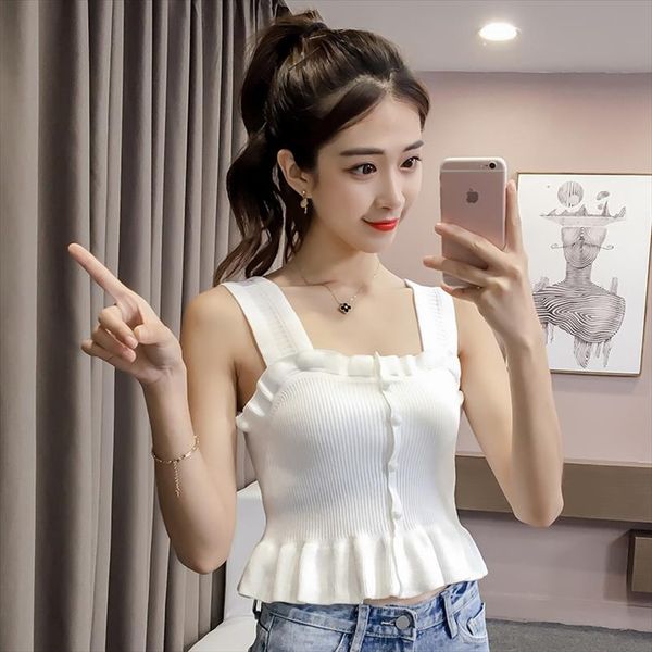 

women knitting ruffles buttons cropped tanks girls knit chic tee shirts camis crop for female summer jh297, White