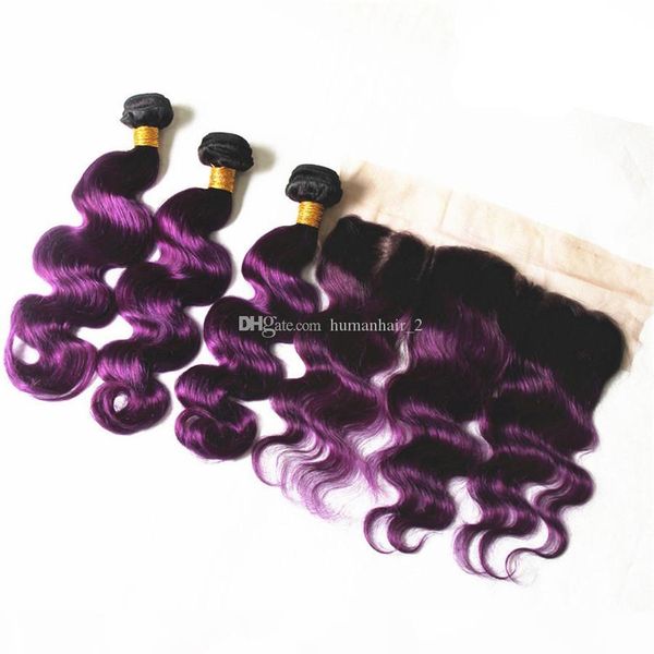 

1b purple ombre brazilian human hair with body wave 13x4 lace frontal closure 4pcs lot 9a two tone ombre virgin hair with frontals, Black;brown