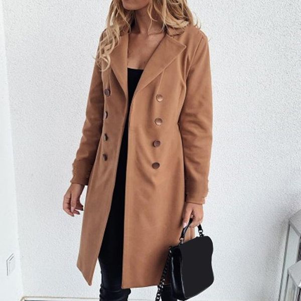 

autumn casual slim long jacket outerwear women wool blend trench 2020 lapel turn-down collar double breasted long sleeve coat1, Black