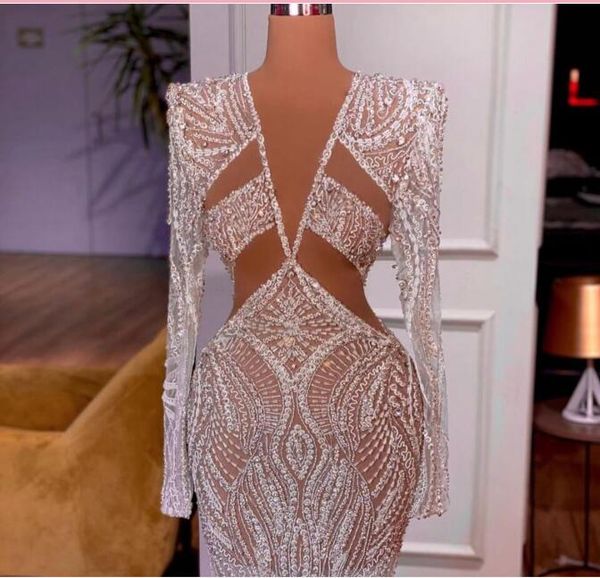 Vestido de noite Vestido feminino Kylie jenner Manga comprida Gola alta Renda Cristais prateados Lantejoulas Gola alta Yousef aljasmi Kim kardashian Kendal Jenner Zuhair murad