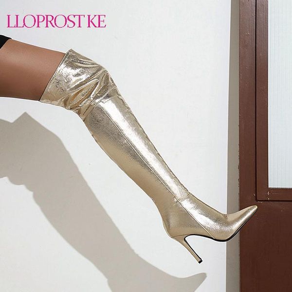 

lloprost ke women thigh high boots stiletto heels gold silver pointed toe party nightclub catwalk show over the knee boot1, Black