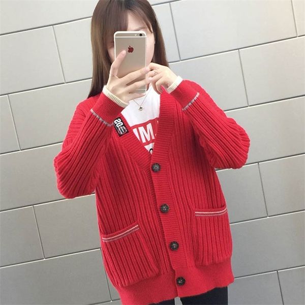 

knit cardigans women's sweaters v-neck single breasted red green sweater autumn winter korean girls casual loose knitwear 201223, White;black