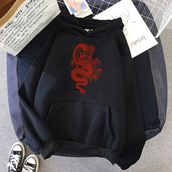 

ladies hoodie dragon graphic pullover simple wild casual plus velvet thicken korean warm kawaii loose streetwear, Black