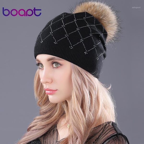 

[boapt] rhinestones soft wool knitting caps raccoon fur fluffy pompon casual female winter skullies beanies hat for women's hats1, Blue;gray