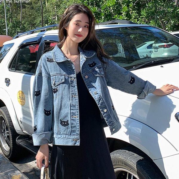 

women's jackets female cat heavy industry in the spring of 2021 cowboy short coat embroidered loose thin jacket1, Black;brown