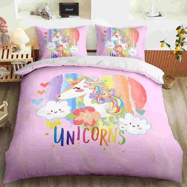 

cartoon unicorn bedding set cartoon duvet cover with pillowcases for girls pink bed set floral home textiles dropship