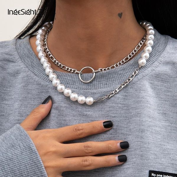 

chains ingesight.z 2pcs/set stainless steel round circle choker necklace multi layered imitation pearl collar necklaces women jewelry, Silver