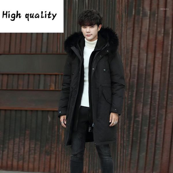 

new 2020 winter duck down jacket men camouflage long down coat raccoon fur collar warm men's jackets1, Black