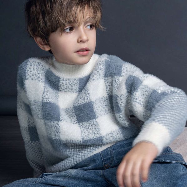 

2020 check mink color new matching middle school children's thickened boys' and girls' pullover sweater, Blue