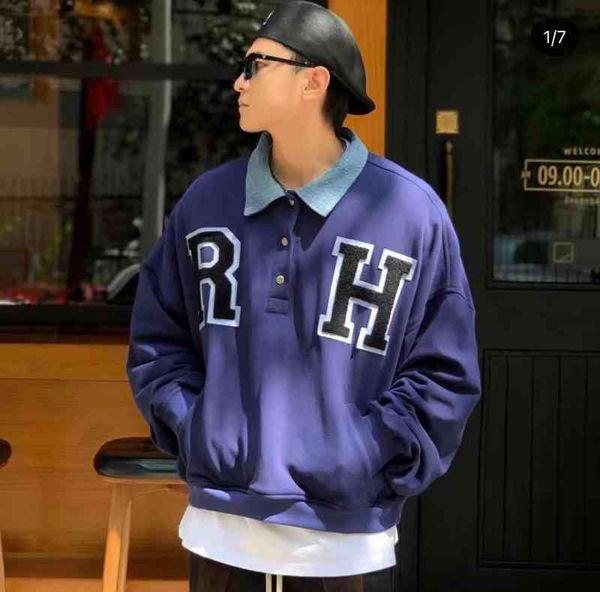 

original tag rhude letter paste cloth towel embroidered vintage cowboy collar stitched sweater harajuku high street polo hoodies, Black