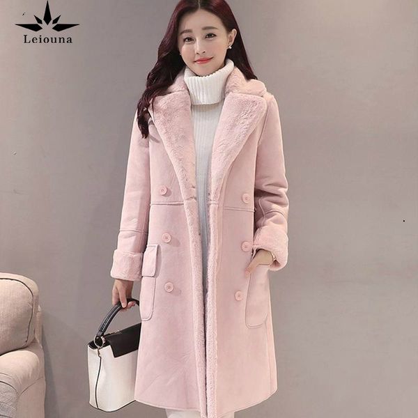 

leiouna solid thick fur faux casual winter coat gifts for women fashion sheepskin long jacket overcoat female warm trench coatsx1016, Black;brown
