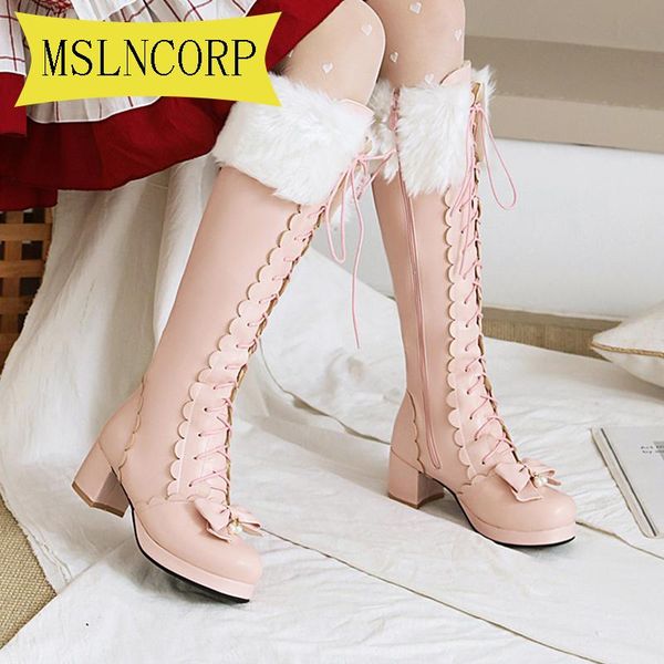

plus size 34-43 lovely women knee high boots thick heel long warm plush snow boots quality high leather long shoes woman, Black