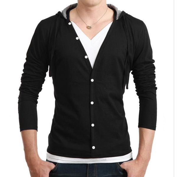 

men's hoodies & sweatshirts 2021 spring autumn many buttons hooded casual men long sleeve single breaste cardigan tee shirts, Black