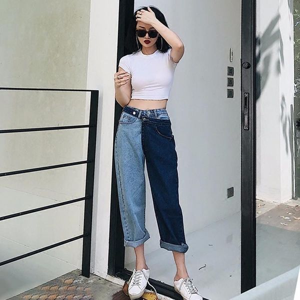

patchwork jeans for women high waist irregular large size summer denim long trousers 2020 fashion harajuku clothing, Blue