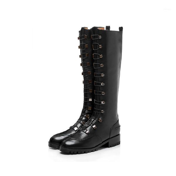 

boots prova perfetto 2021 winter genuine leather knee-high woman metal motorcycle round toe platform long1, Black