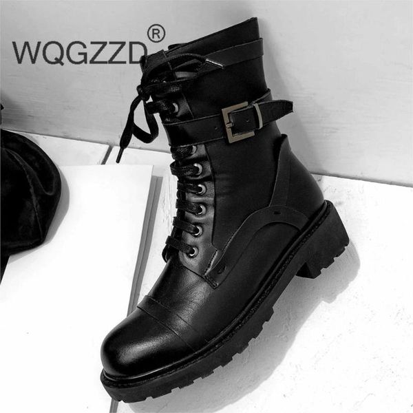 

2020 new winter shoes women's motorcycle boots genuine leather buckle british style mid-calf boots zapatos mujer, Black