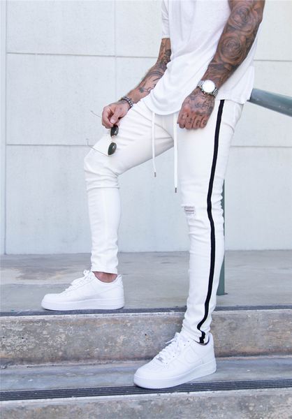 

fashion skinny jeans high waist hole street blue denim jeans men side stripe pants stripe ripped elastic slim pencil jeans