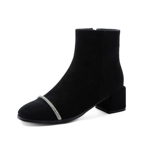 

2021 новая партия стиль круглая носок лодыжки ботинок кристалл черный молния средняя толстая езда сапоги женские туфли 06es, Black