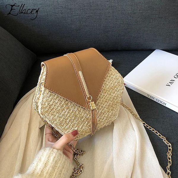 

women tassel chain shoulder bag new summer travel mini bag crossbody for women beach straw rattan hand made knitting