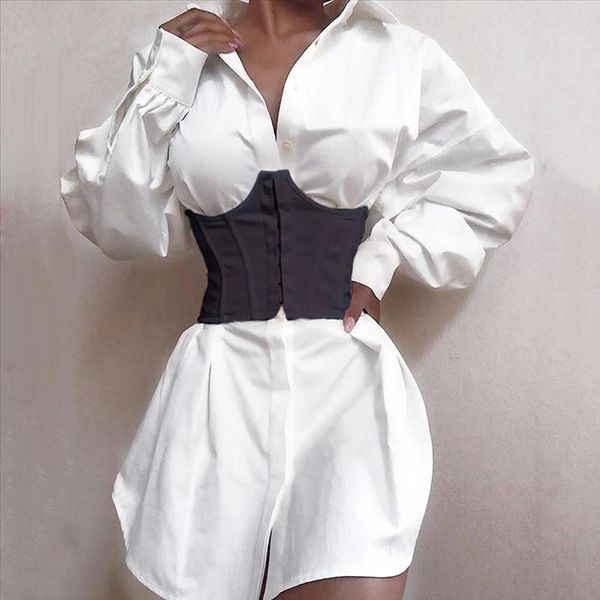 

women solid color turn down collar v neck long sleeve shirt mini dress corset drop shipping, Black;gray