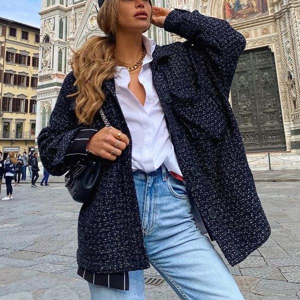 

vintage stylish pockets plaid loose jacket coat women 2020 fashion long sleeve single breasted female outerwear chic 1, Black