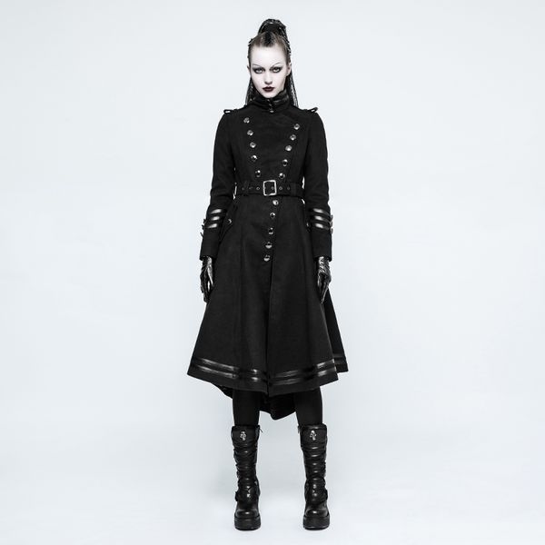 

punk rave women's military uniform worsted long coat asymmetry metal big wave hem handsome long sleeve jacket 1028, Tan;black
