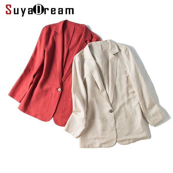

suyadream women silk blazers 50%silk 50%linen single button long sleeved two pockets office lady solid blazers new 201201, White;black