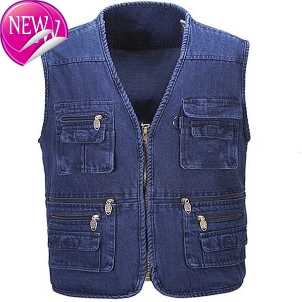

sleeveless jacket fashion vests for men's pocket pgraphy waistcoat casual spring autumn outdoors military denim blue fishing, Black