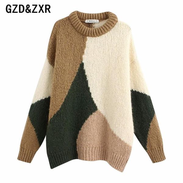 

gzd&zxr fall/winter 2020 loose v-neck lace knit pullovers long sleeve sweater, White;black