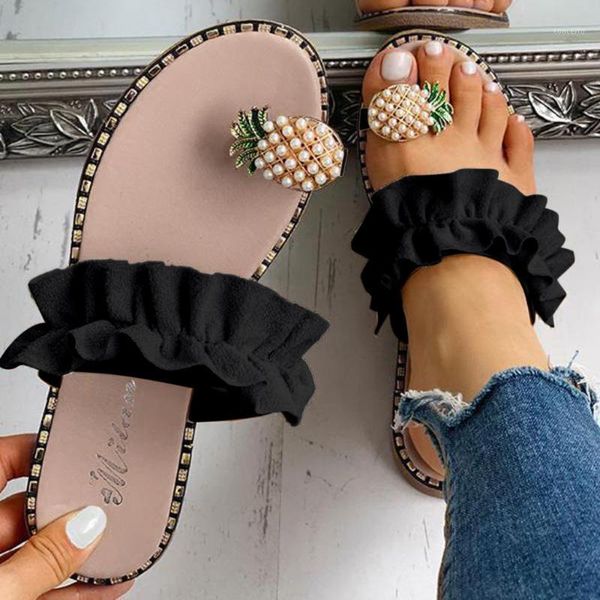 

women flats slippers summer casual flip flops flowers pearl woman flat shoes 35-43 plus size comfortable female beach sandals1, Black