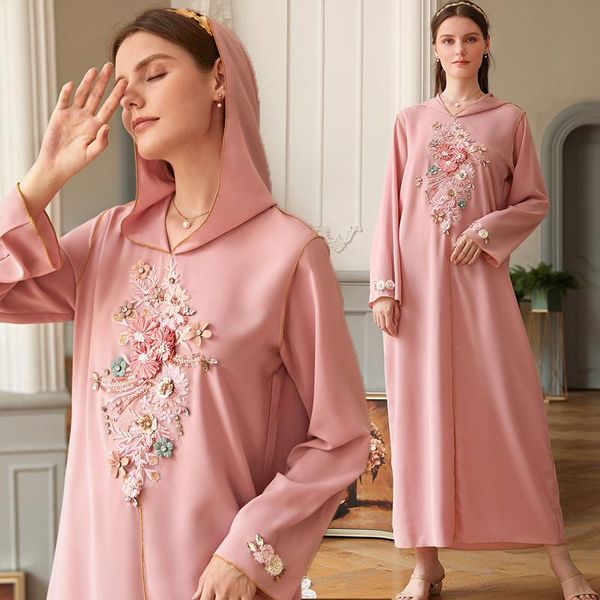 

fresh fairy casual dress moroccan robe muslim women dress full sleeve ankle length pink hooded abaya flowers, Red