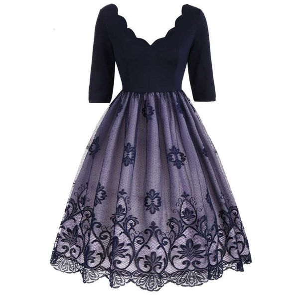 

petals v-neck positioning lace skirt women's dress 4004, Black;gray